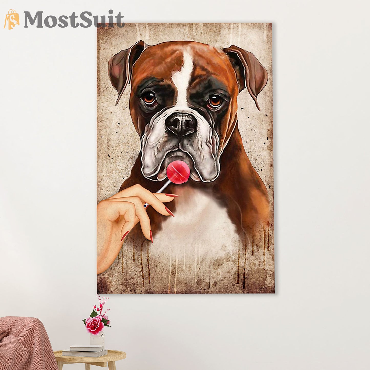 Funny Cute Boxer Poster | Dog & Lady | Wall Art Gift for Brindle Boxador Puppies Lover