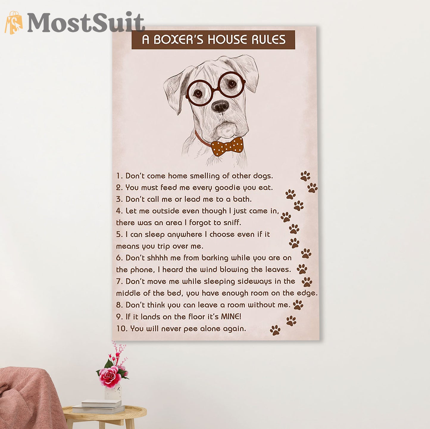 Funny Cute Boxer Poster | Boxer's House Rules | Wall Art Gift for Brindle Boxador Puppies Lover