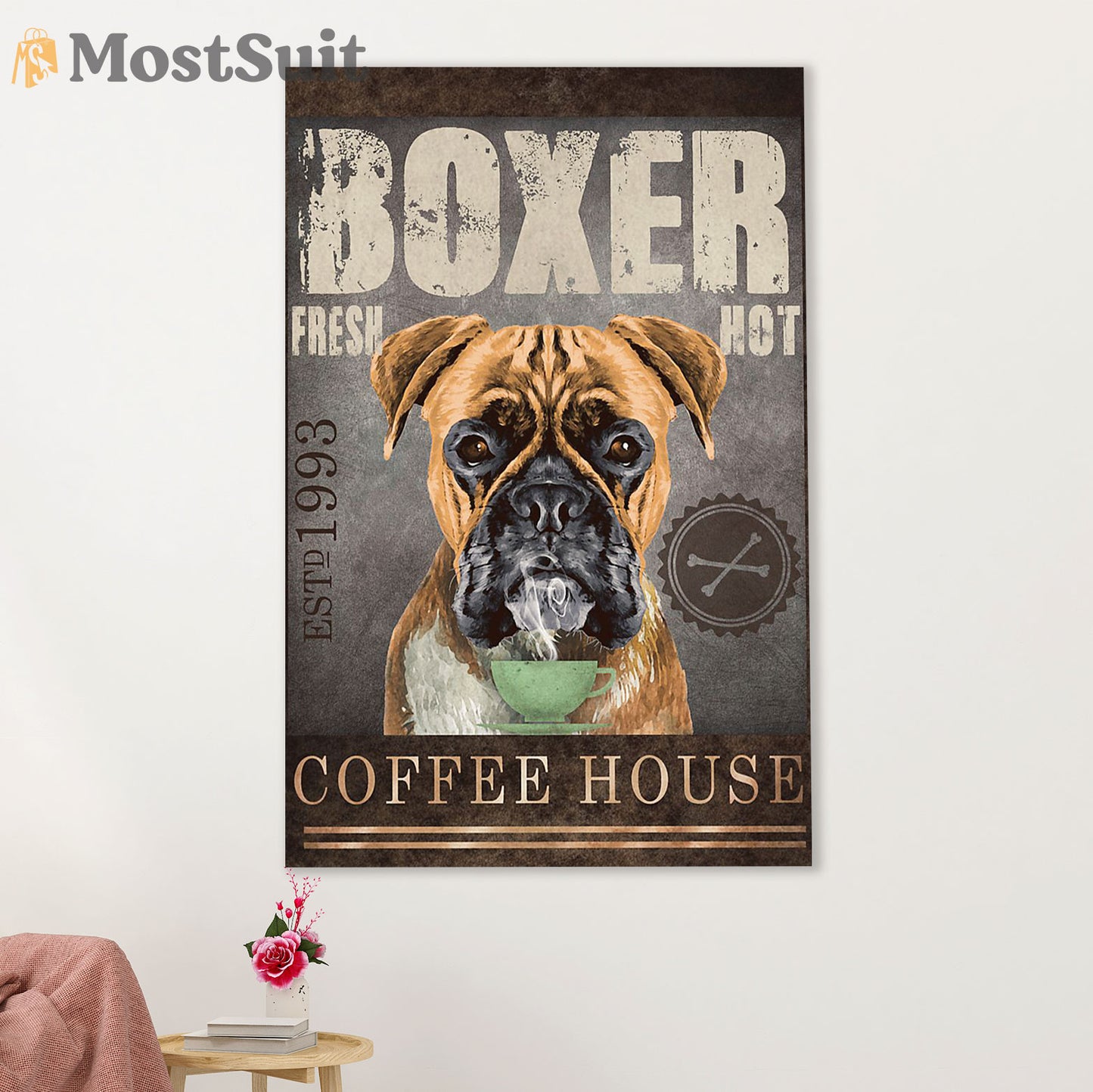 Funny Cute Boxer Poster | Dog Coffee House | Wall Art Gift for Brindle Boxador Puppies Lover