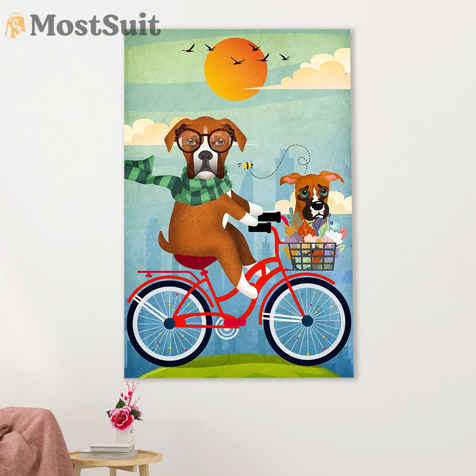 Funny Cute Boxer Canvas Wall Art Prints | Funny Dog Bicycle | Gift for Brindle Boxador Dog Lover