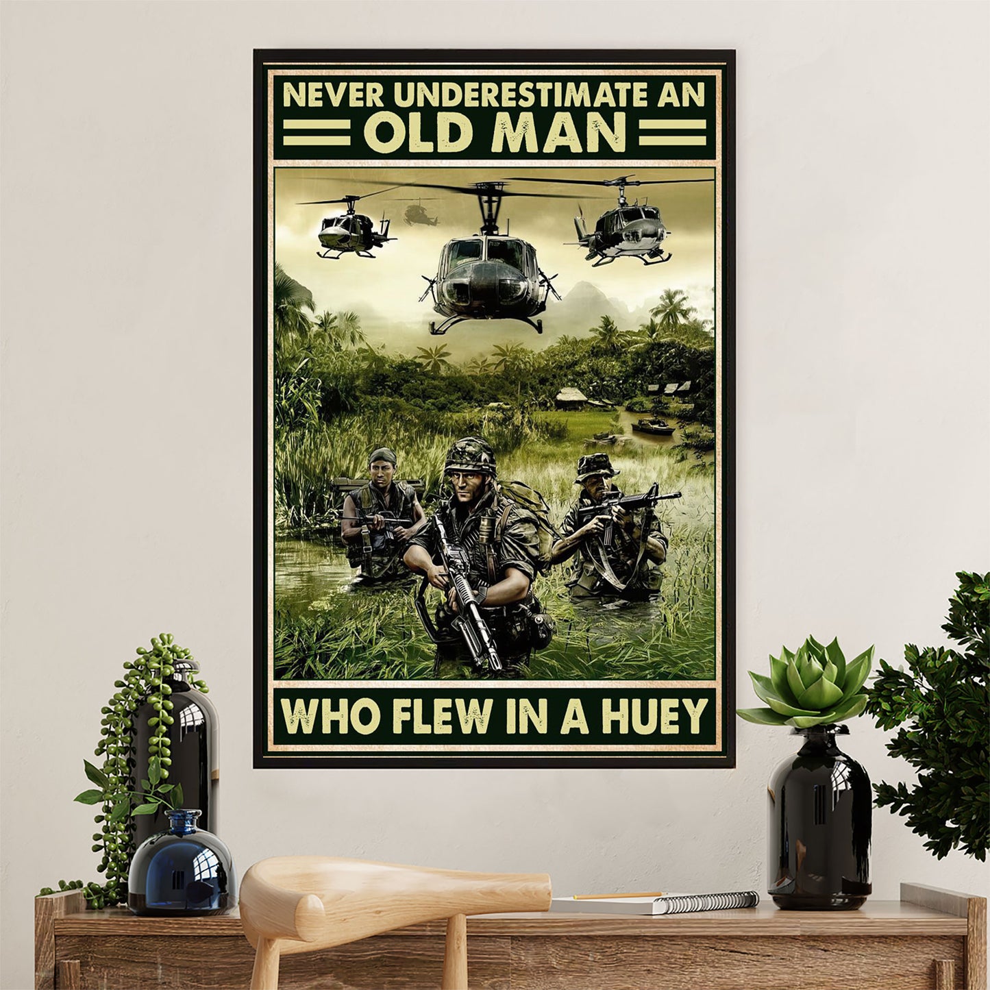 US Army Military Canvas Wall Art | Old Man Who Flew In A Huey | American Independence Day Gift for Soldiers
