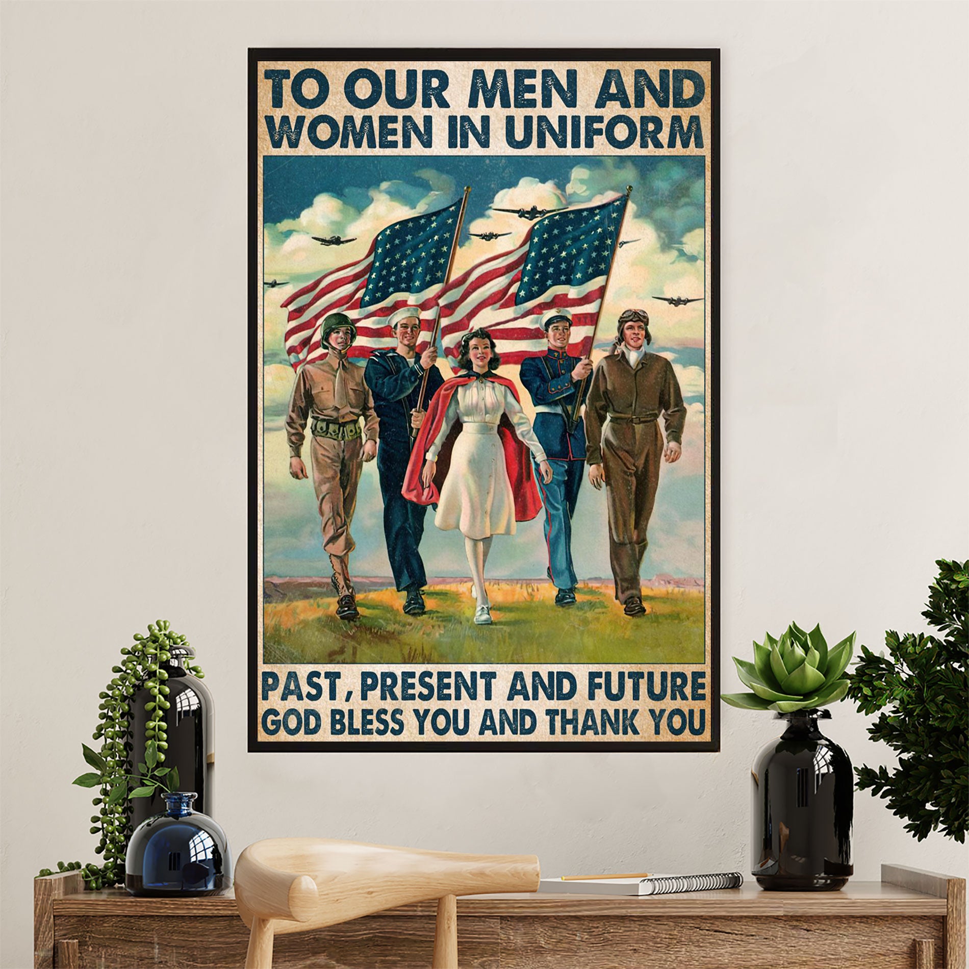 US Army Military Poster Wall Art | Thank You Men Women in Uniform | American Independence Day Gift for Soldiers