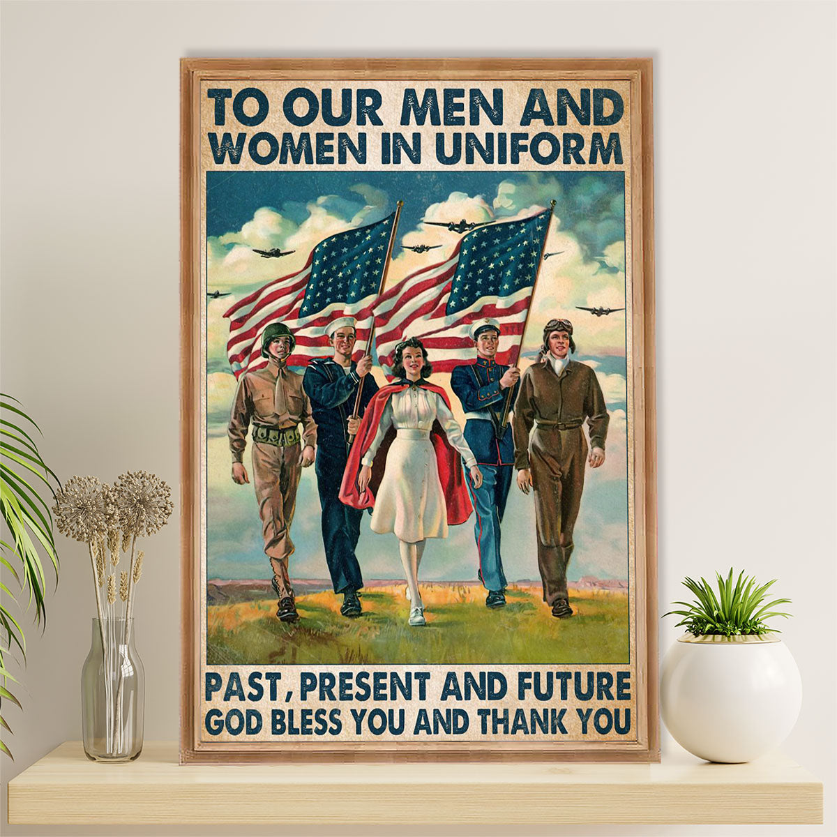 US Army Military Poster Wall Art | Thank You Men Women in Uniform | American Independence Day Gift for Soldiers