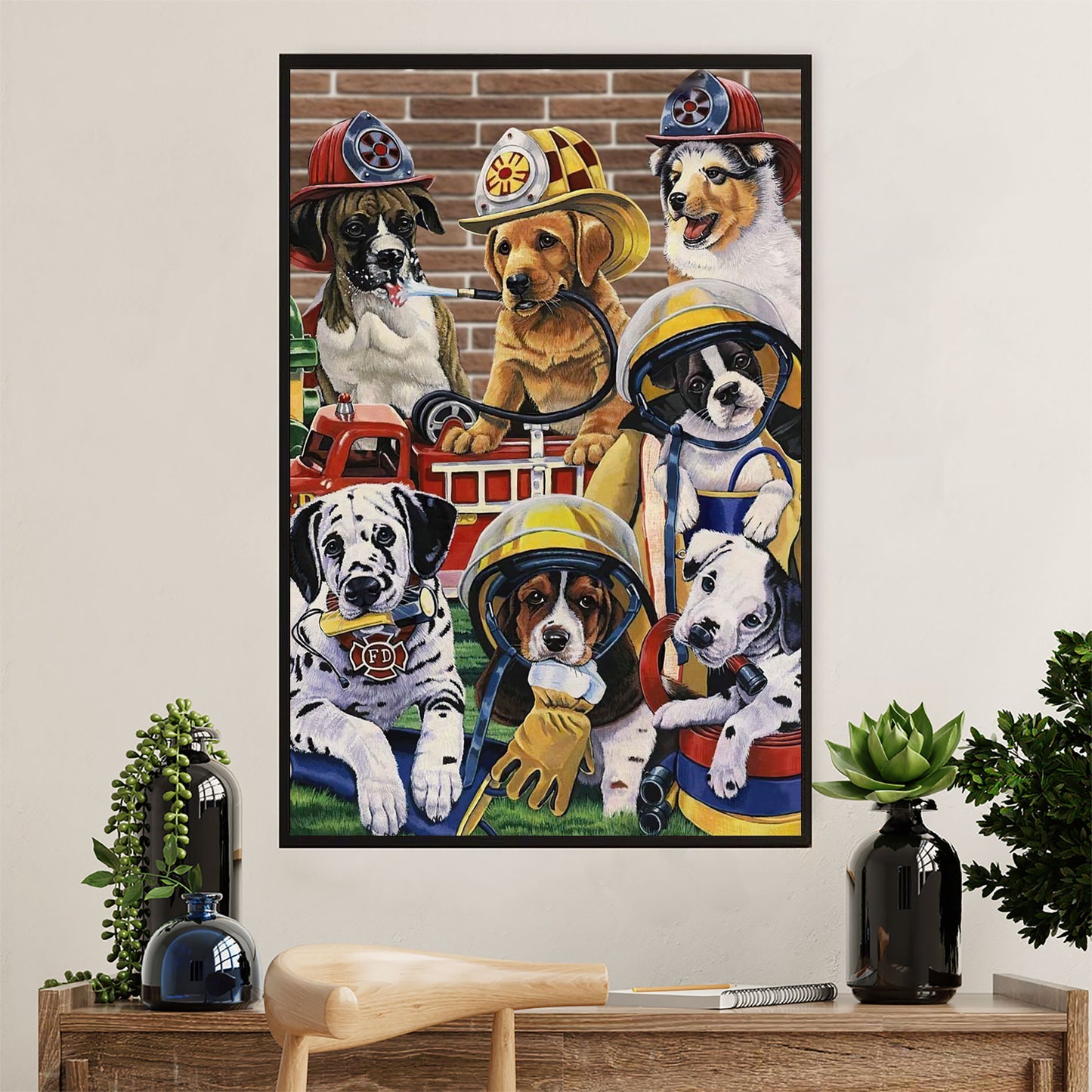 Firefighter Pride Canvas Wall Art Prints | Dog Breeds Firemen | American Independence Day Gift for Fireman