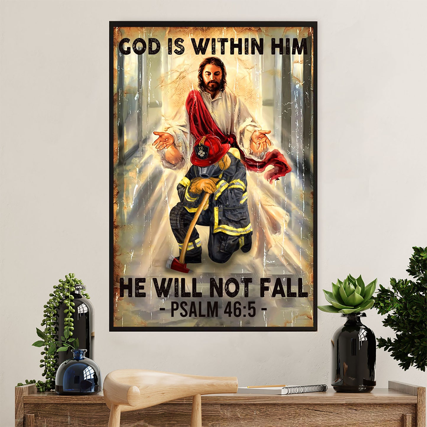 Firefighter Pride Canvas Wall Art Prints | God Is Within Him | American Independence Day Gift for Fireman