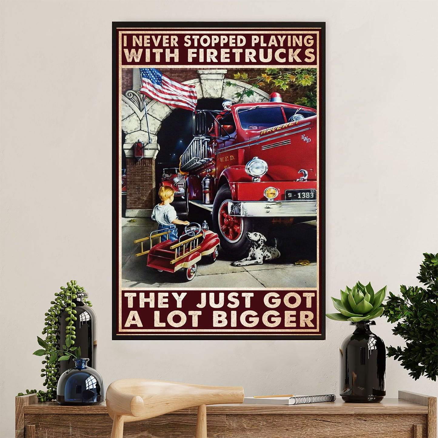 Firefighter Pride Canvas Wall Art Prints | Playing With Firetrucks | American Independence Day Gift for Fireman