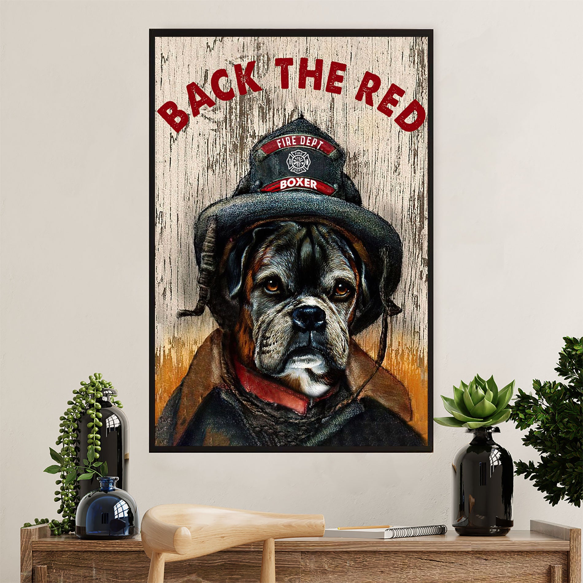 Firefighter Pride Poster Wall Art | Back The Red Boxer | American Independence Day Gift for Fireman