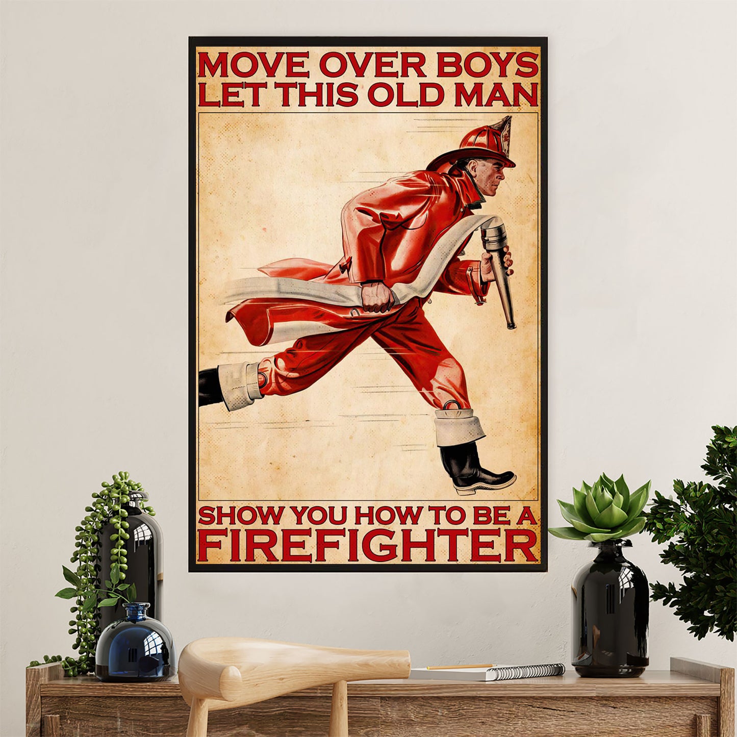 Firefighter Pride Canvas Wall Art Prints | Old Man Firefighter | American Independence Day Gift for Fireman