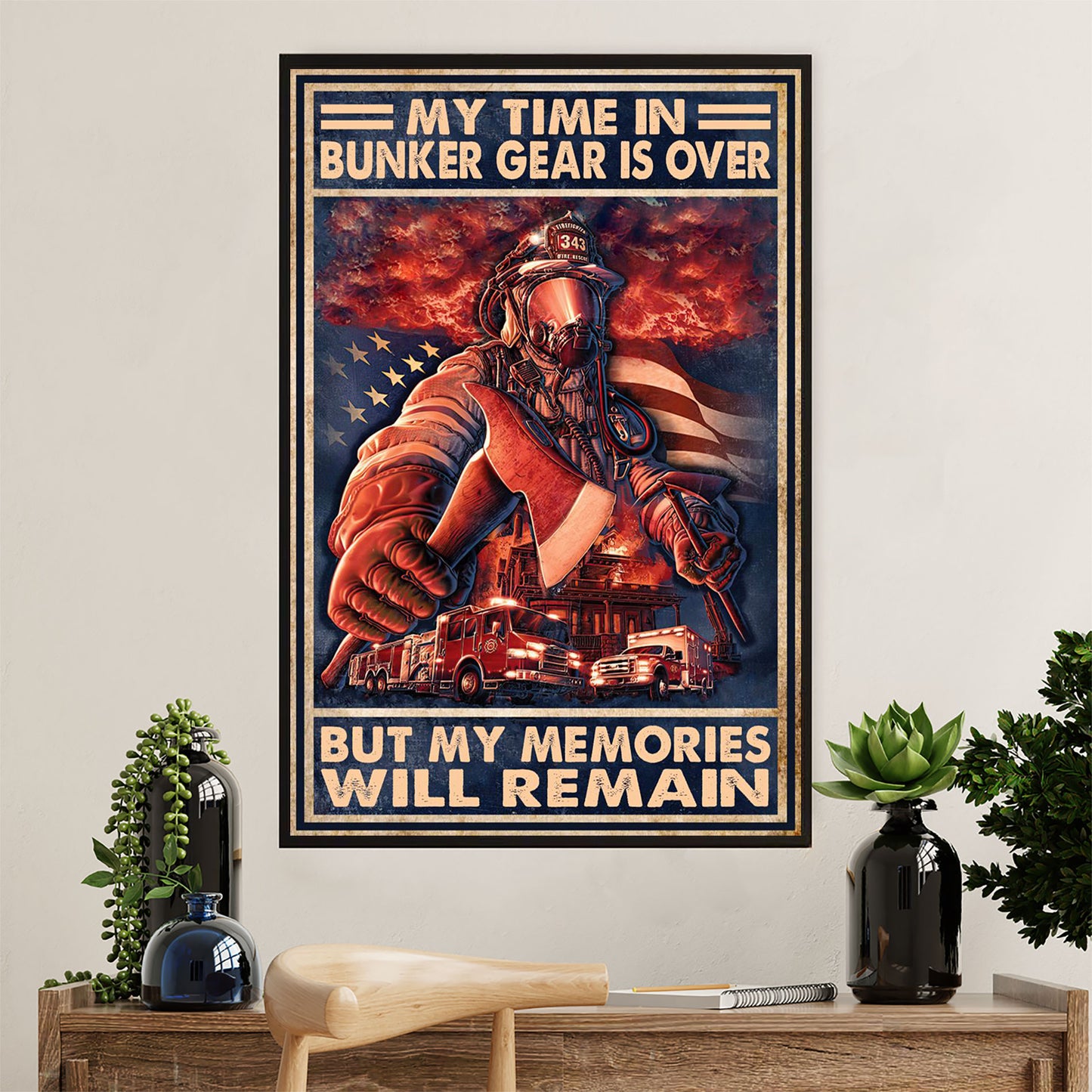 Firefighter Pride Canvas Wall Art Prints | American Flag Retired Fireman | American Independence Day Gift for Fireman