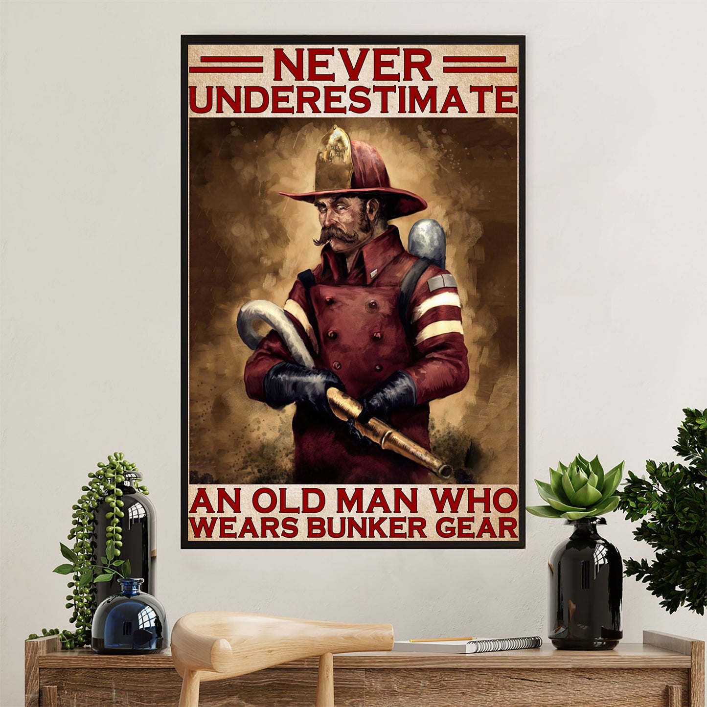 Firefighter Pride Canvas Wall Art Prints | Old Man Wears Bunker Gear | American Independence Day Gift for Fireman