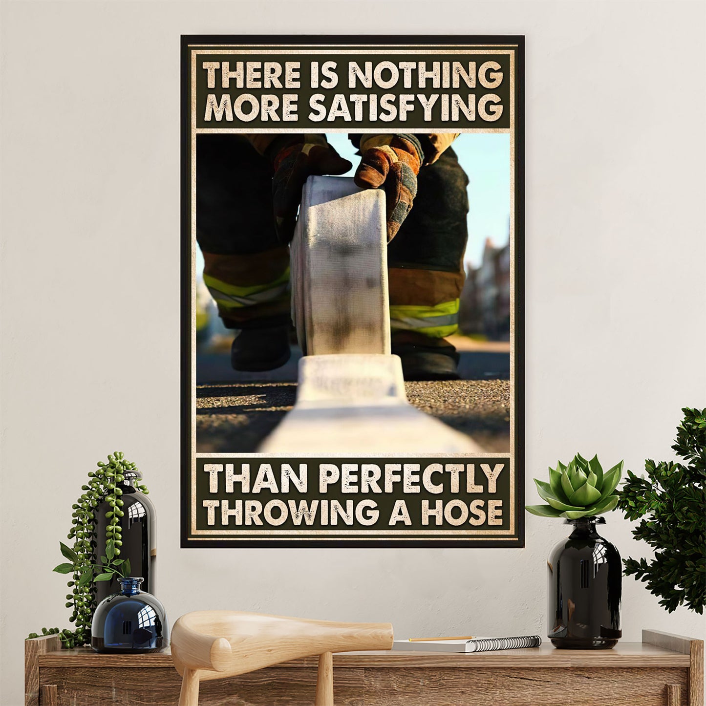 Firefighter Pride Canvas Wall Art Prints | Perfectly Throwing A Hose | American Independence Day Gift for Fireman