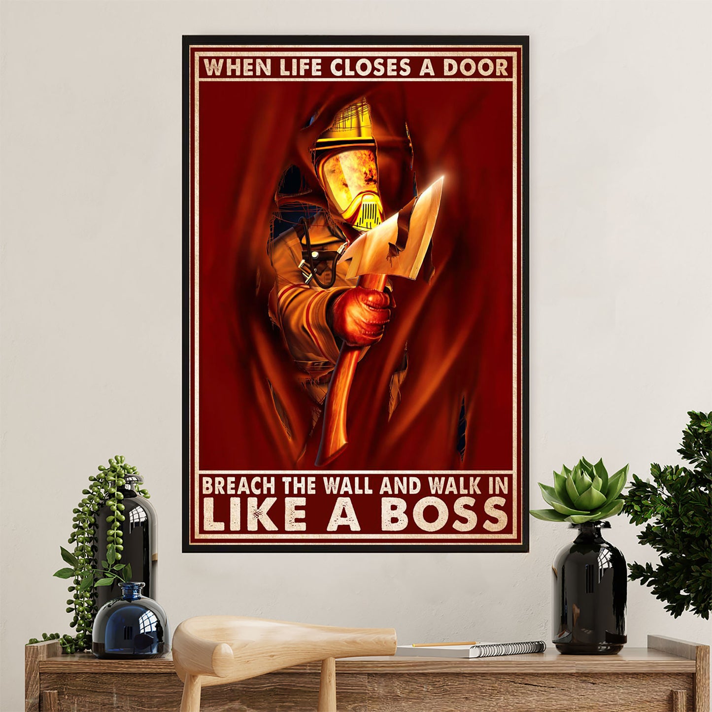 Firefighter Pride Canvas Wall Art Prints | Walk In Like A Boss | American Independence Day Gift for Fireman
