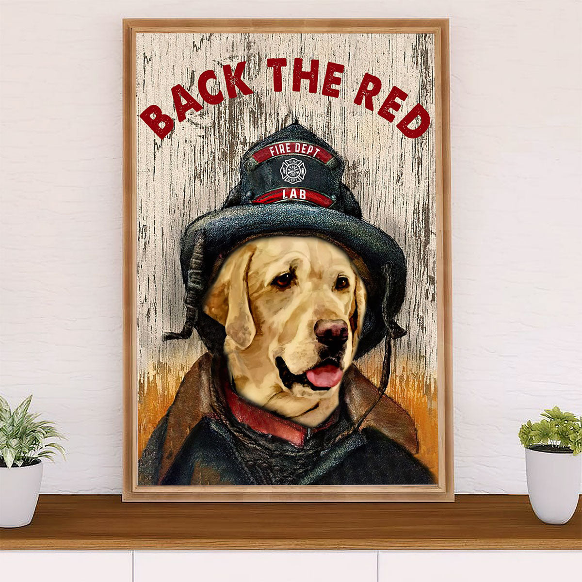 Firefighter Pride Canvas Wall Art Prints | Back The Red Yellow Labrador | American Independence Day Gift for Fireman