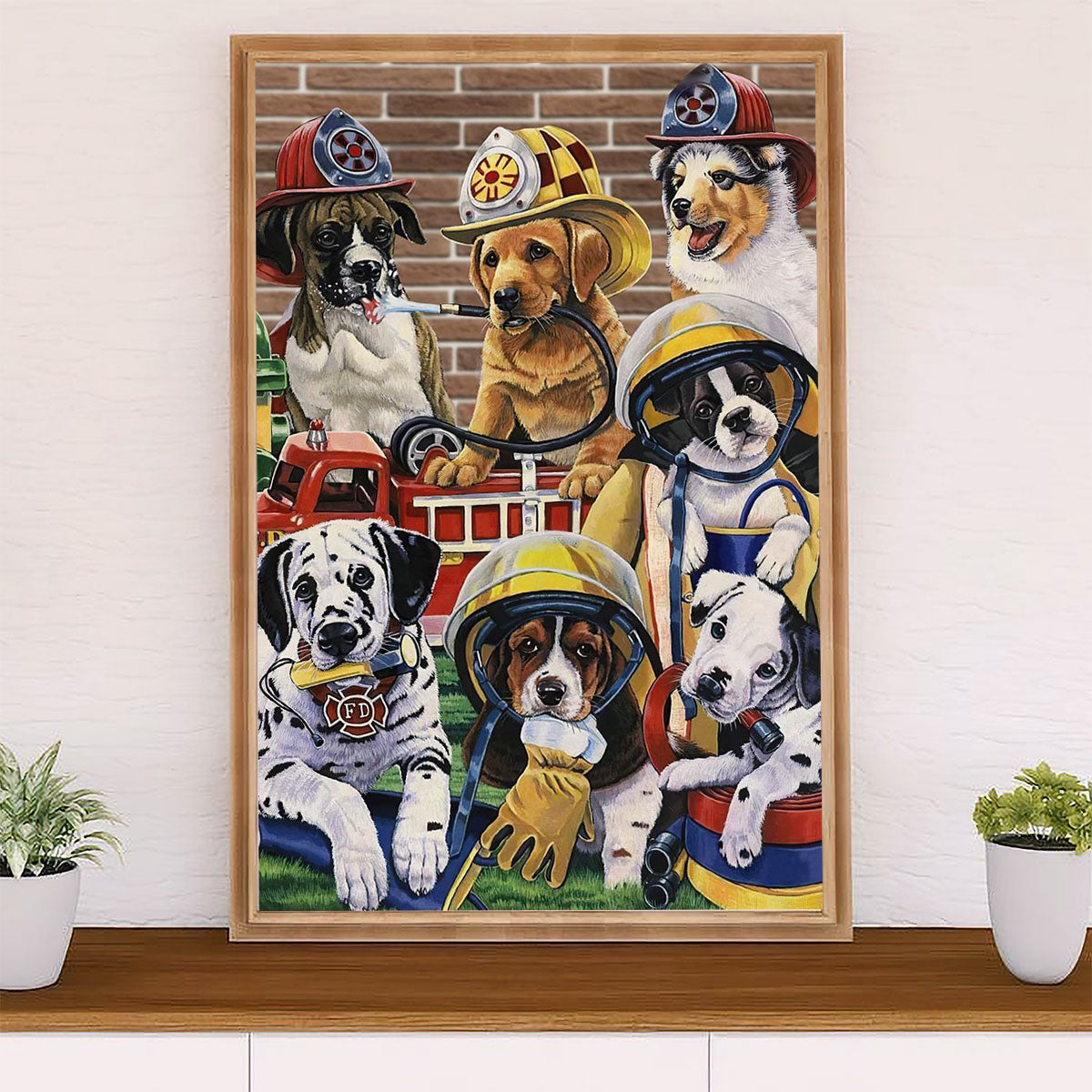 Firefighter Pride Canvas Wall Art Prints | Dog Breeds Firemen | American Independence Day Gift for Fireman
