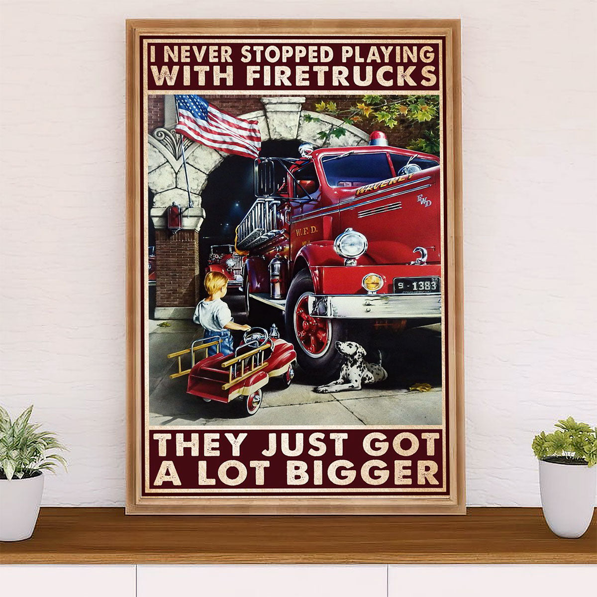 Firefighter Pride Canvas Wall Art Prints | Playing With Firetrucks | American Independence Day Gift for Fireman