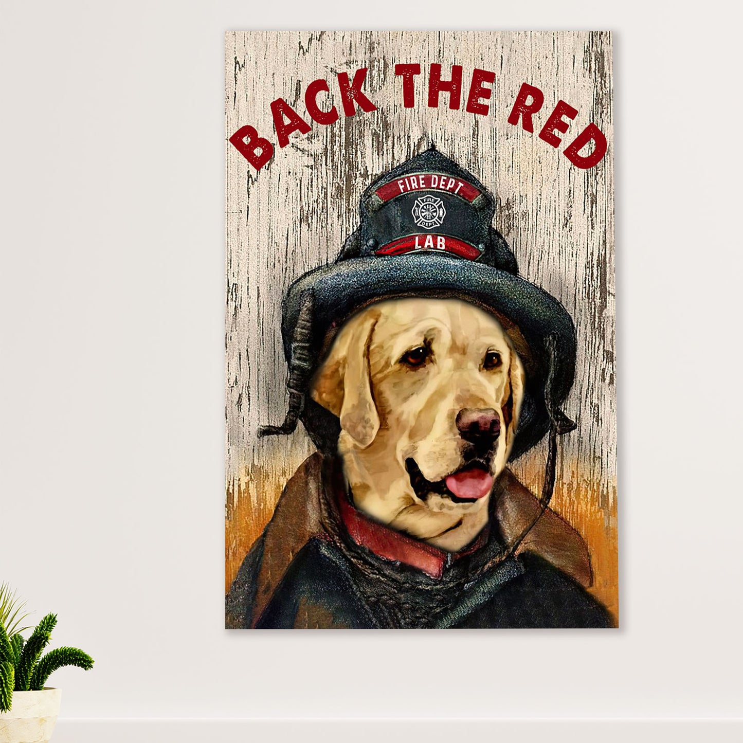 Firefighter Pride Canvas Wall Art Prints | Back The Red Yellow Labrador | American Independence Day Gift for Fireman
