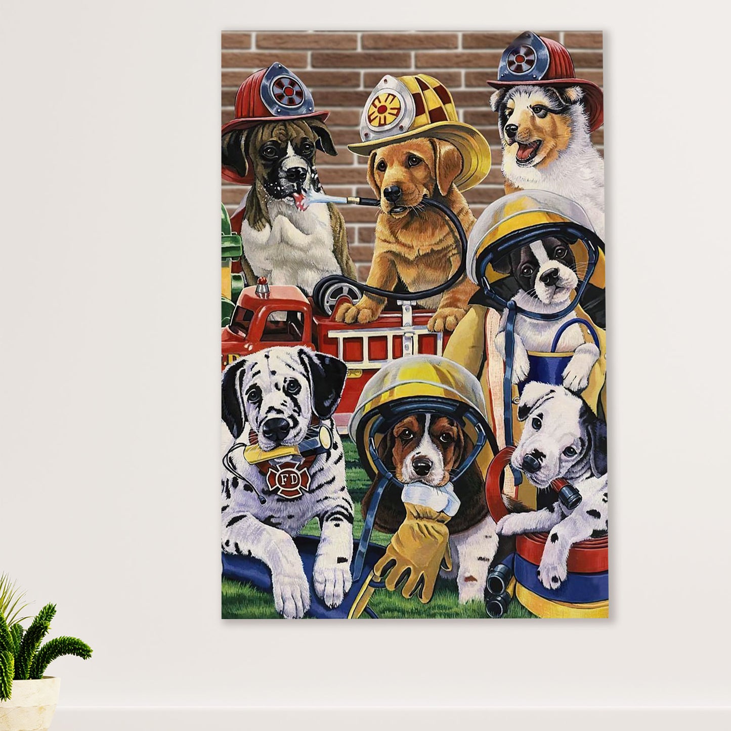 Firefighter Pride Canvas Wall Art Prints | Dog Breeds Firemen | American Independence Day Gift for Fireman