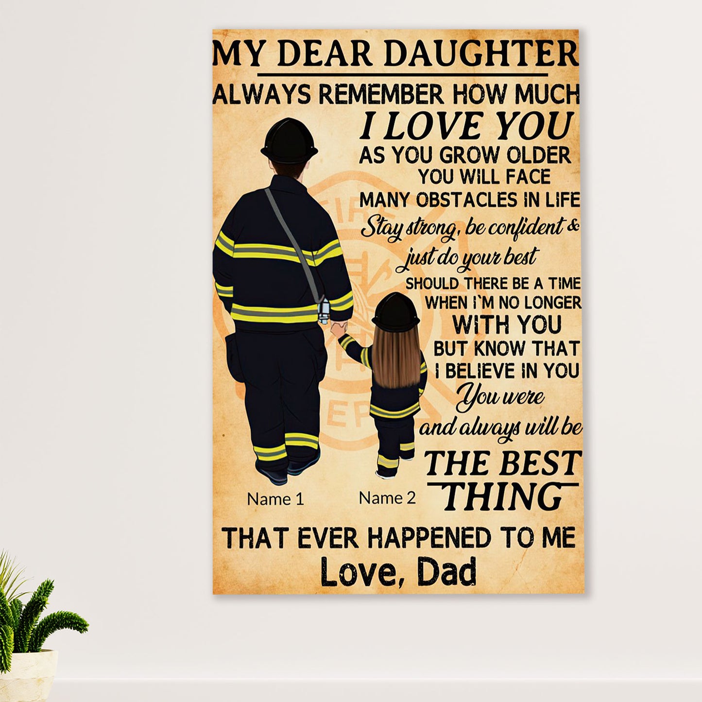 Firefighter Pride Canvas Wall Art Prints | Personalized Name Daughter & Dad | American Independence Day Gift for Fireman