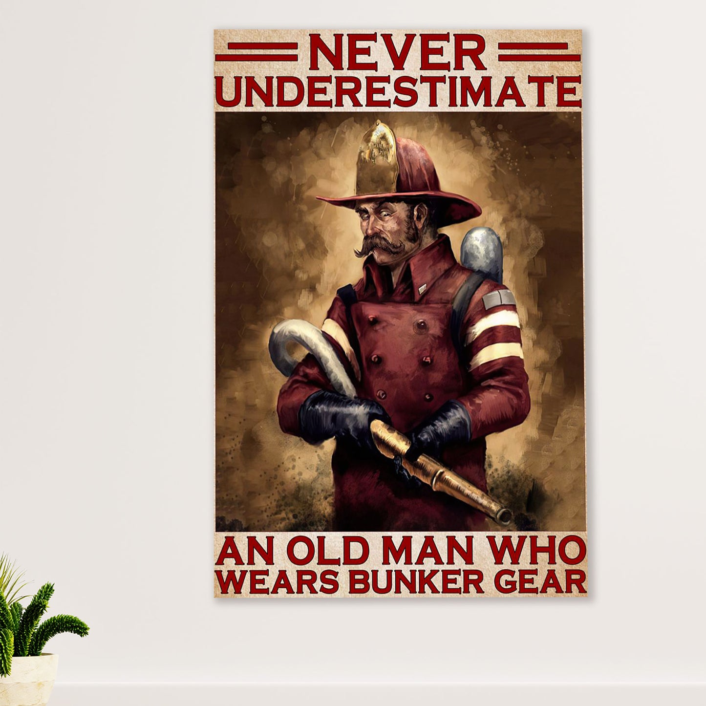 Firefighter Pride Poster Wall Art | Old Man Wears Bunker Gear | American Independence Day Gift for Fireman