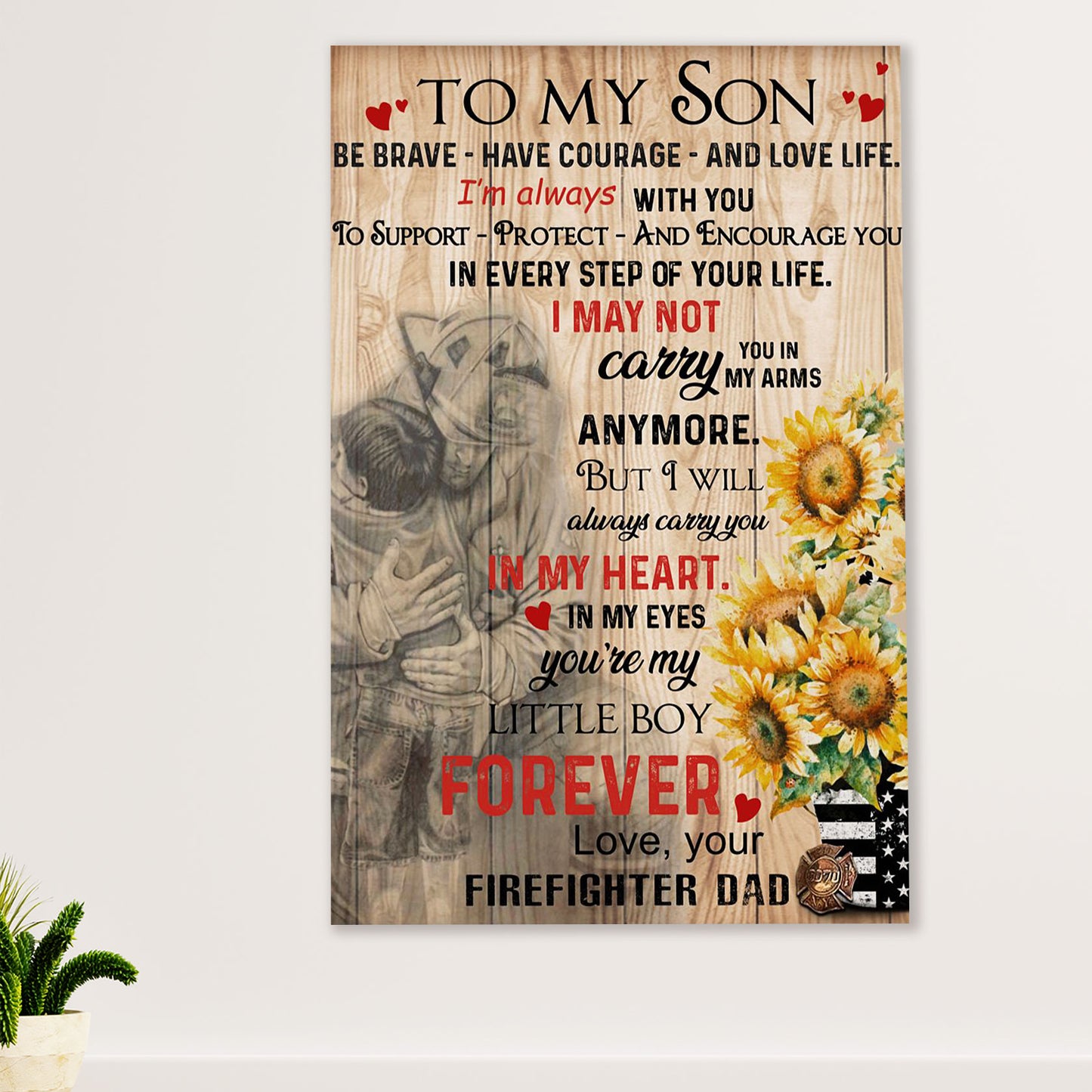 Firefighter Pride Canvas Wall Art Prints | From Firefighter Dad To Son | American Independence Day Gift for Fireman