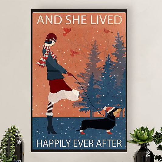Dachshund Poster Prints | Christmas - And She Lived Happily Ever After | Wall Art Gift for Dachshund Dog Puppies Lover