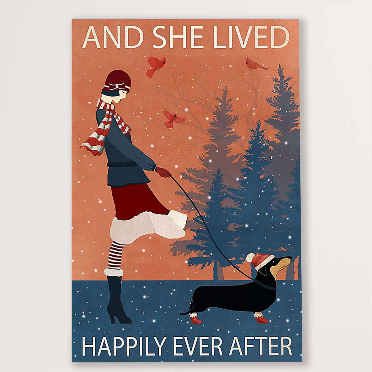 Dachshund Poster Prints | Christmas - And She Lived Happily Ever After | Wall Art Gift for Dachshund Dog Puppies Lover