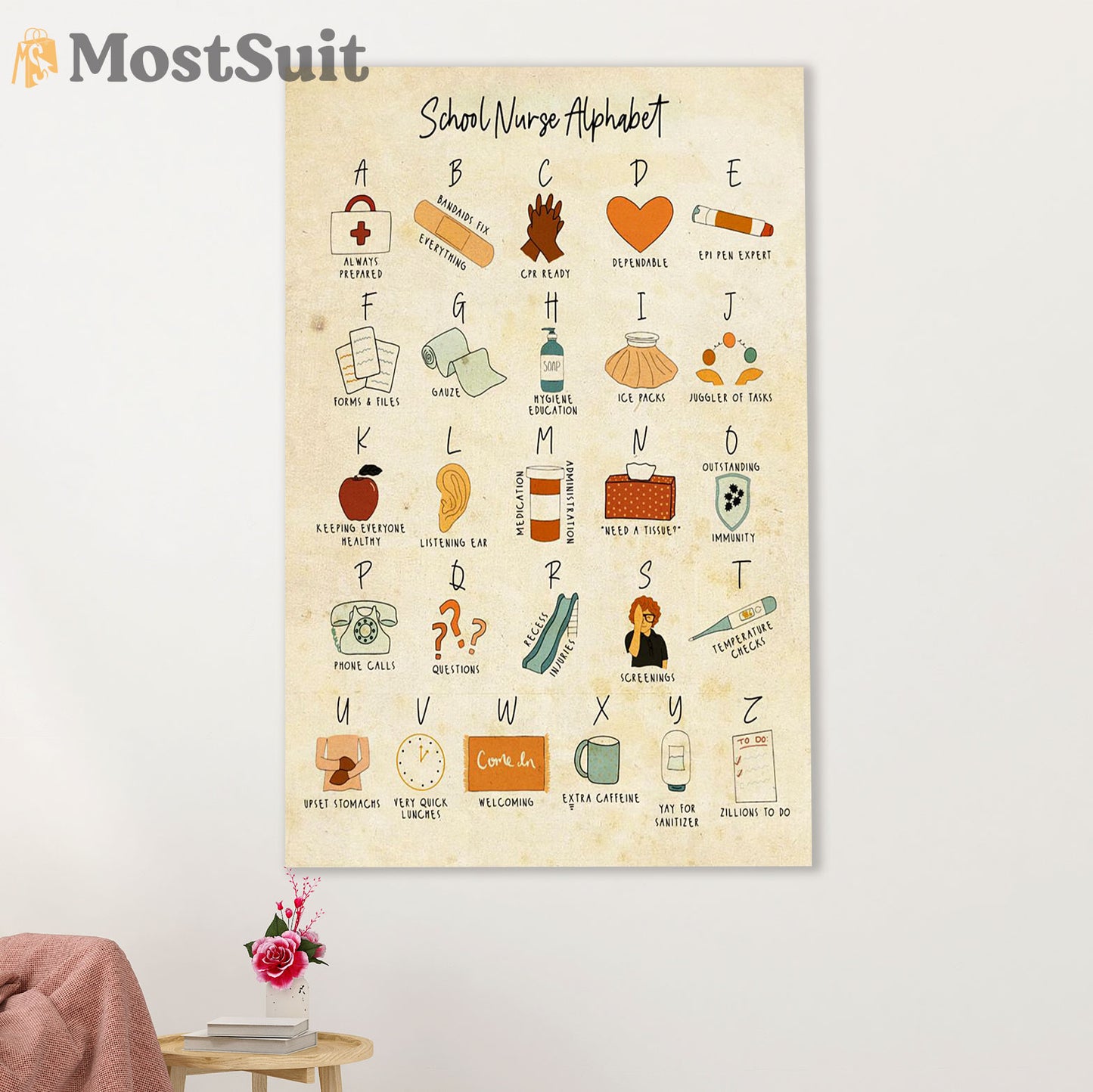 Nurse Poster | School Nurse Alphabet | Wall Art Gift for Woman Nurse, Female Nursing