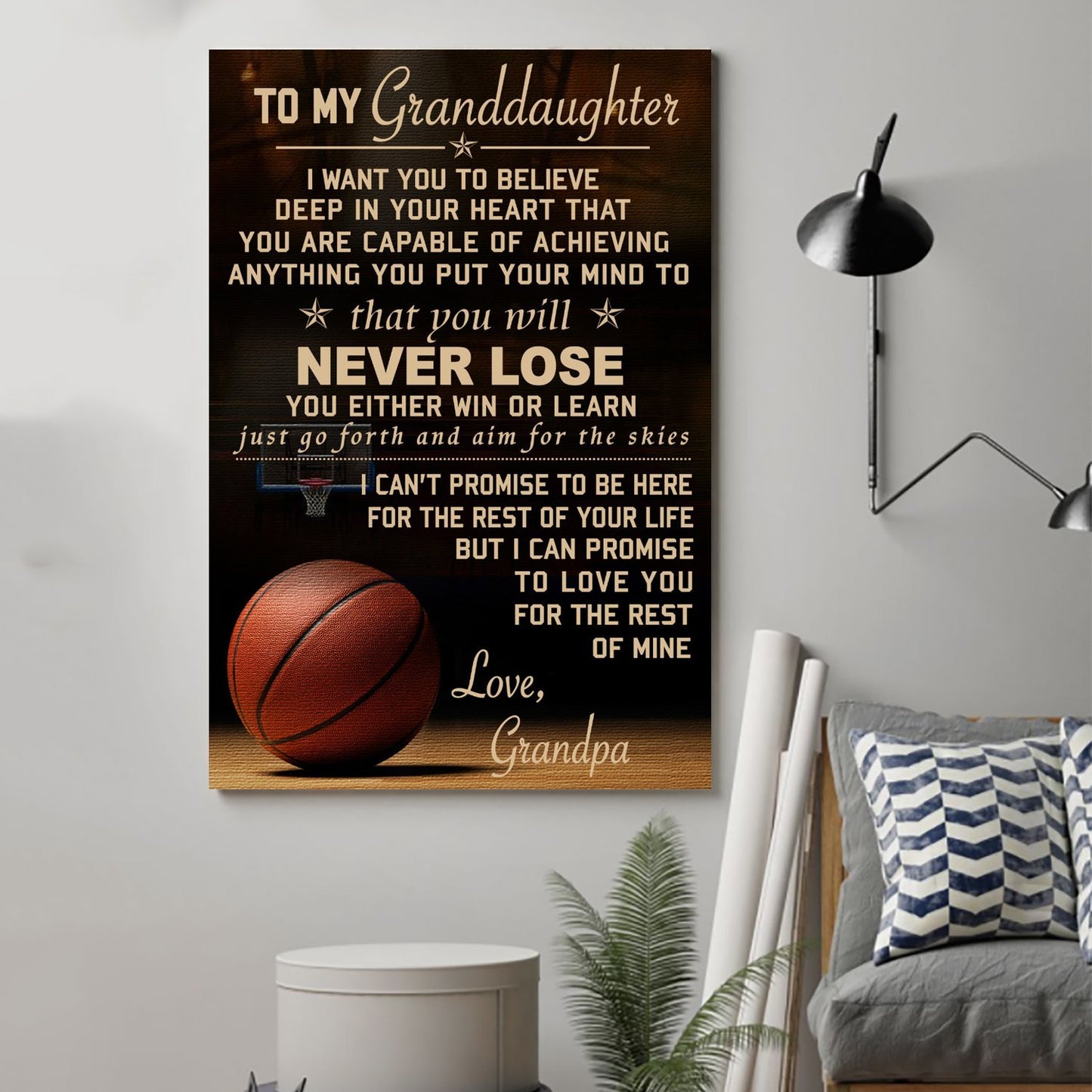 Basketball Canvas and Poster Grandpa to granddaughter never lose wall decor visual art