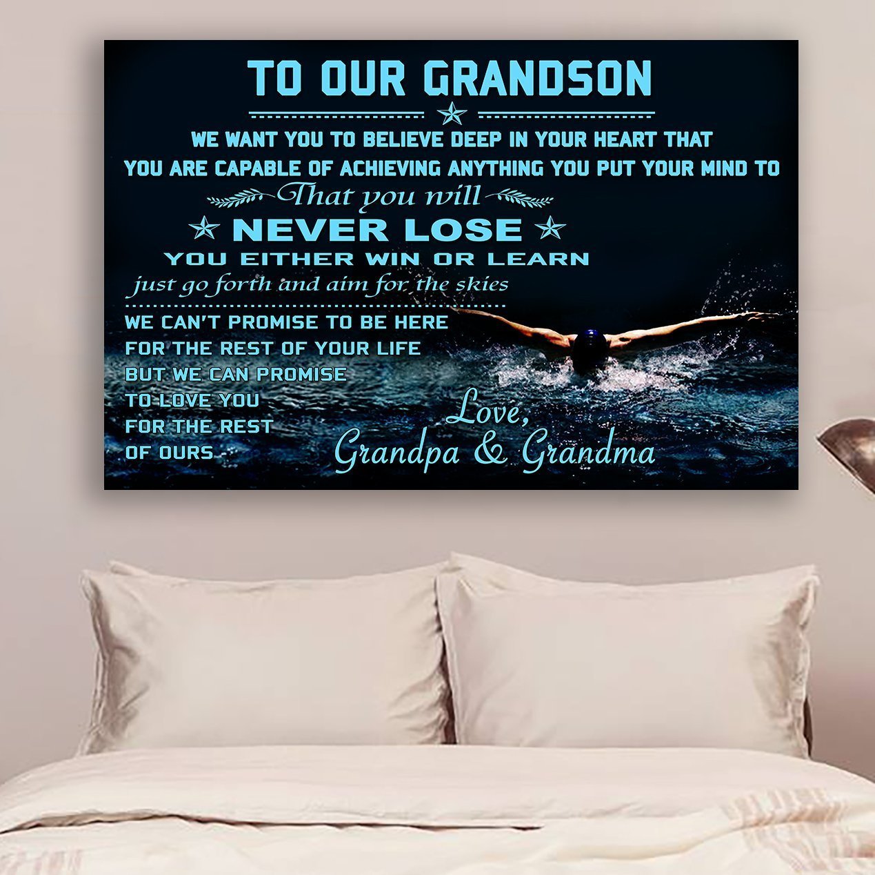 Swimming Canvas and Poster To our grandson Never lose wall decor visual art