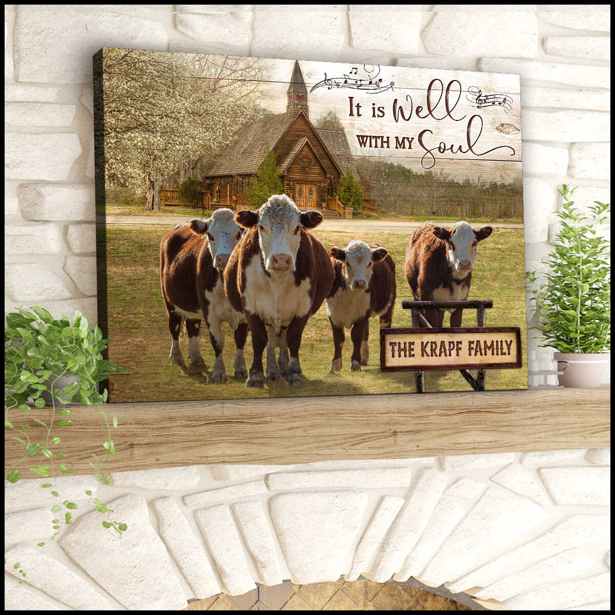 Mostsuit It Is Well With My Soul Hereford Cows and Church Custom Name Personalized Canvas Poster Wall Art Farmhouse Decor