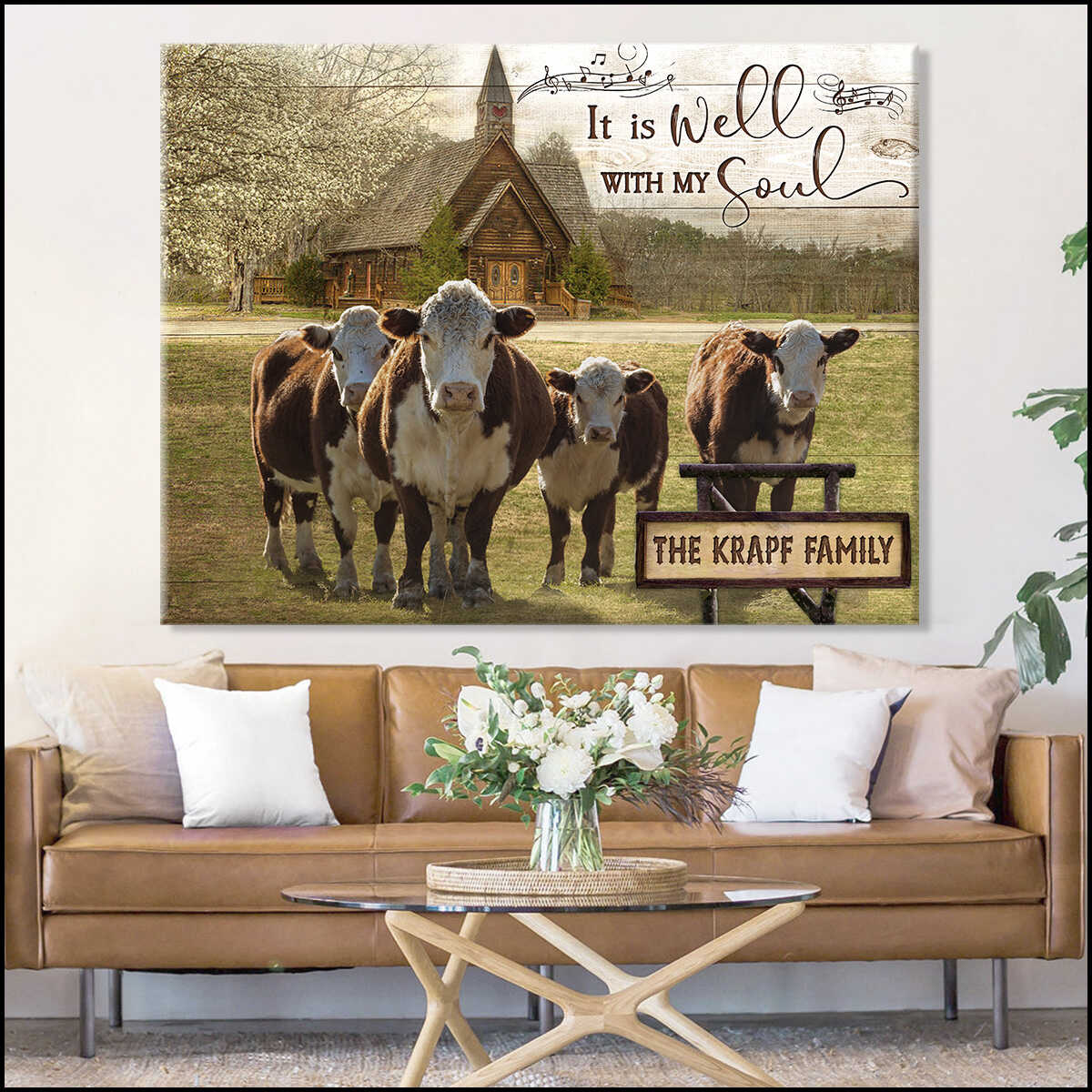 Mostsuit It Is Well With My Soul Hereford Cows and Church Custom Name Personalized Canvas Poster Wall Art Farmhouse Decor
