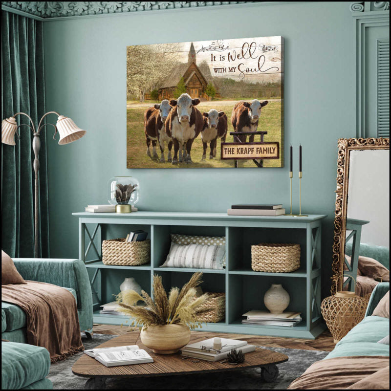 Mostsuit It Is Well With My Soul Hereford Cows and Church Custom Name Personalized Canvas Poster Wall Art Farmhouse Decor