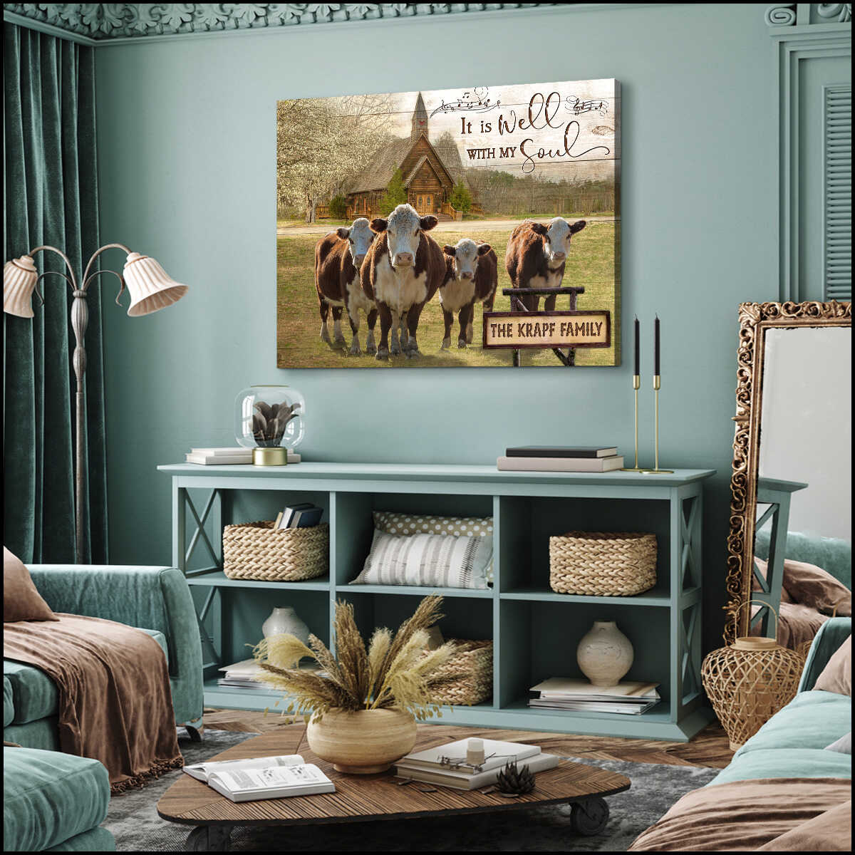 Mostsuit It Is Well With My Soul Hereford Cows and Church Custom Name Personalized Canvas Poster Wall Art Farmhouse Decor