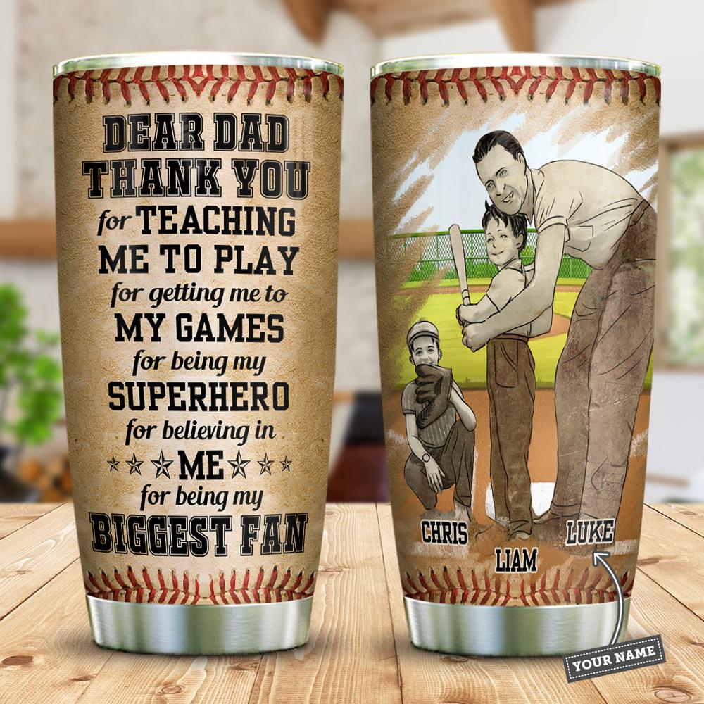 Baseball Dad Biggest Fan Of His Sons Personalized Stainless Steel Tumbler Cups Drinkware 20oz - MostSuit