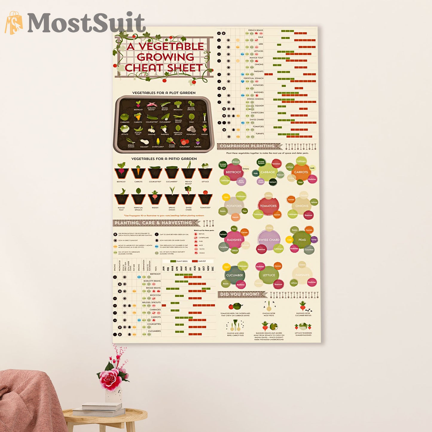 Gardening Poster Home Décor Wall Art | Vegetable Growing Cheat Sheet | Gift for Gardener, Plants Lover