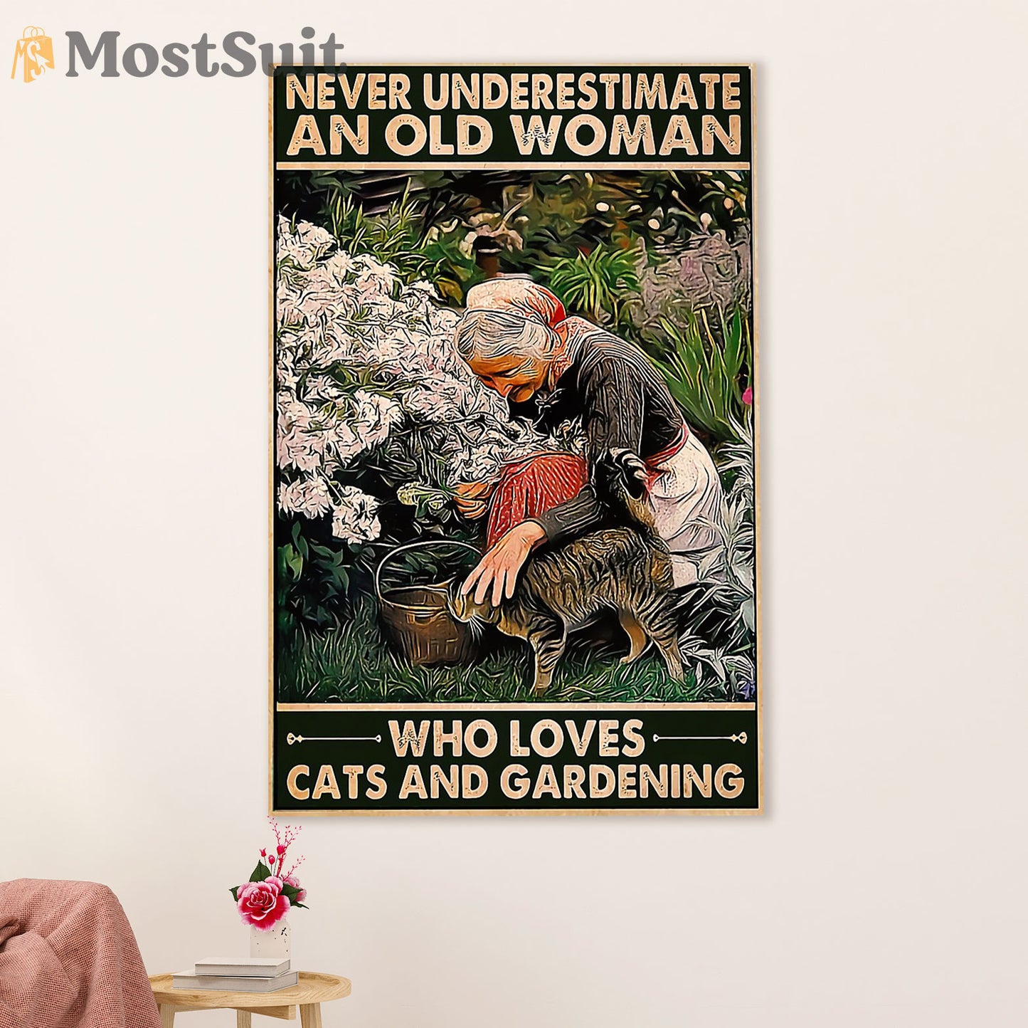 Gardening Poster Home Décor Wall Art | Old Woman Loves Cat & Gardening | Gift for Gardener, Plants Lover