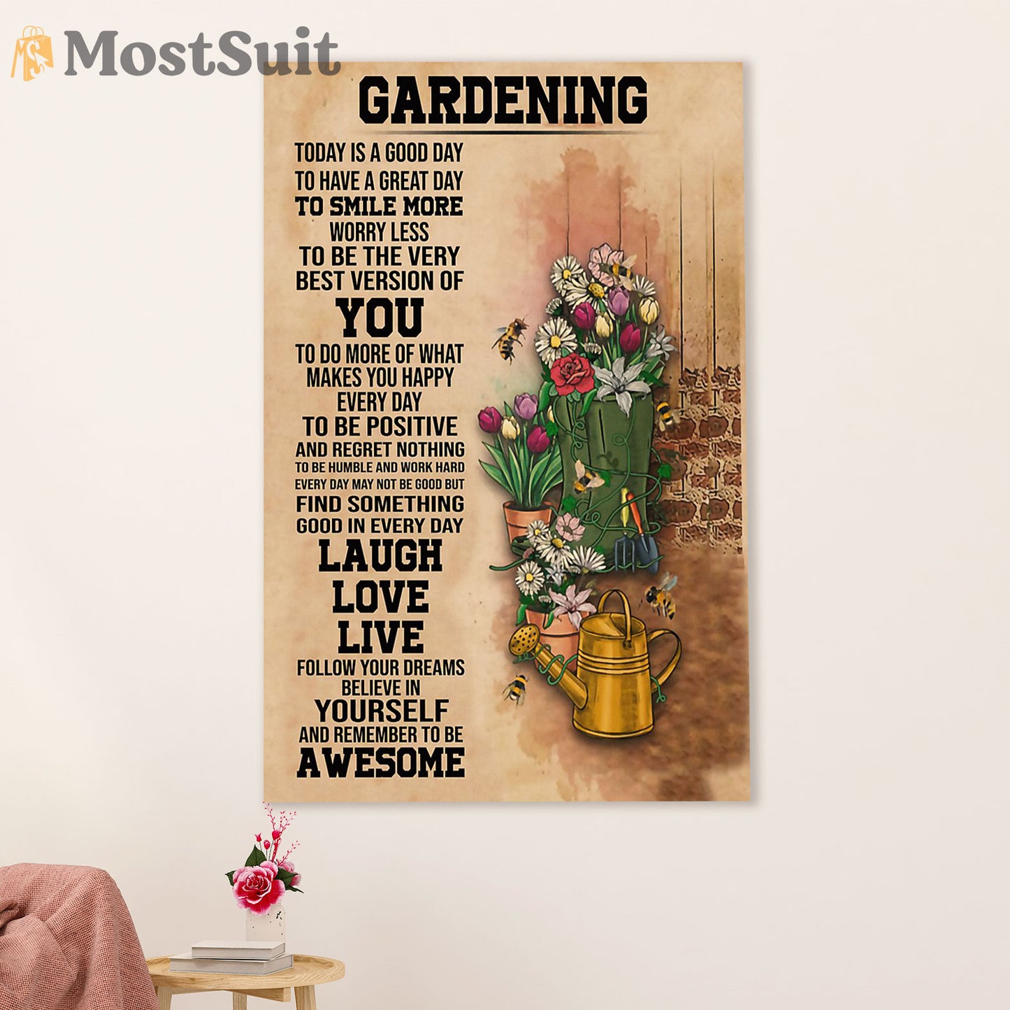 Gardening Poster Home Décor Wall Art | Laugh Love Live | Gift for Gardener, Plants Lover