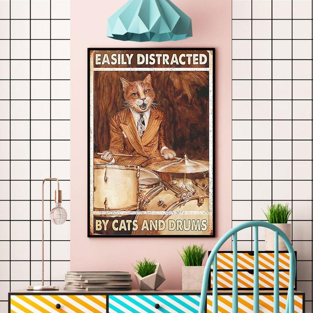 Poster Canvas Easily Distracted By Cats And Drums, Drummer Poster Gift Decor Home Decor Wall Art
