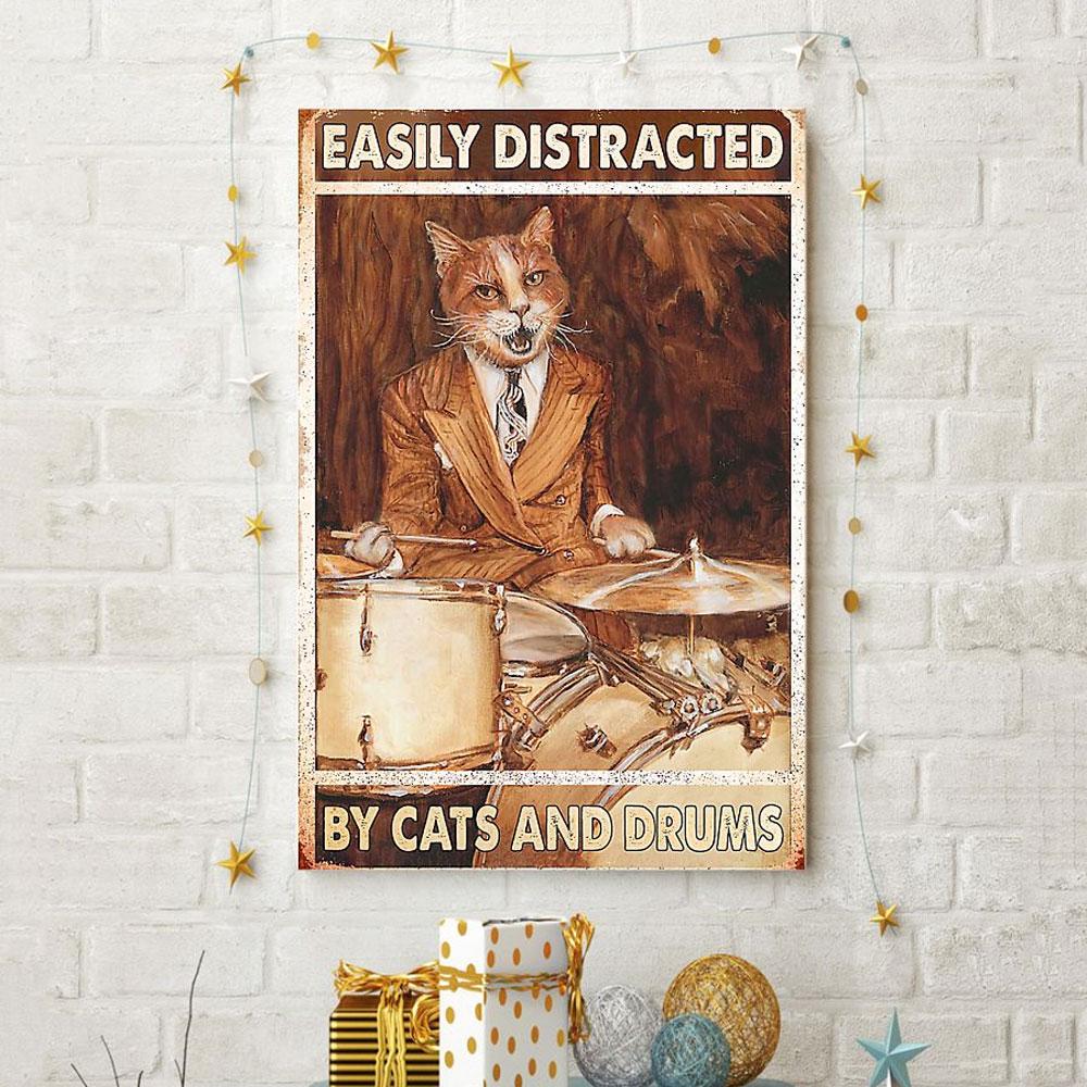 Poster Canvas Easily Distracted By Cats And Drums, Drummer Poster Gift Decor Home Decor Wall Art