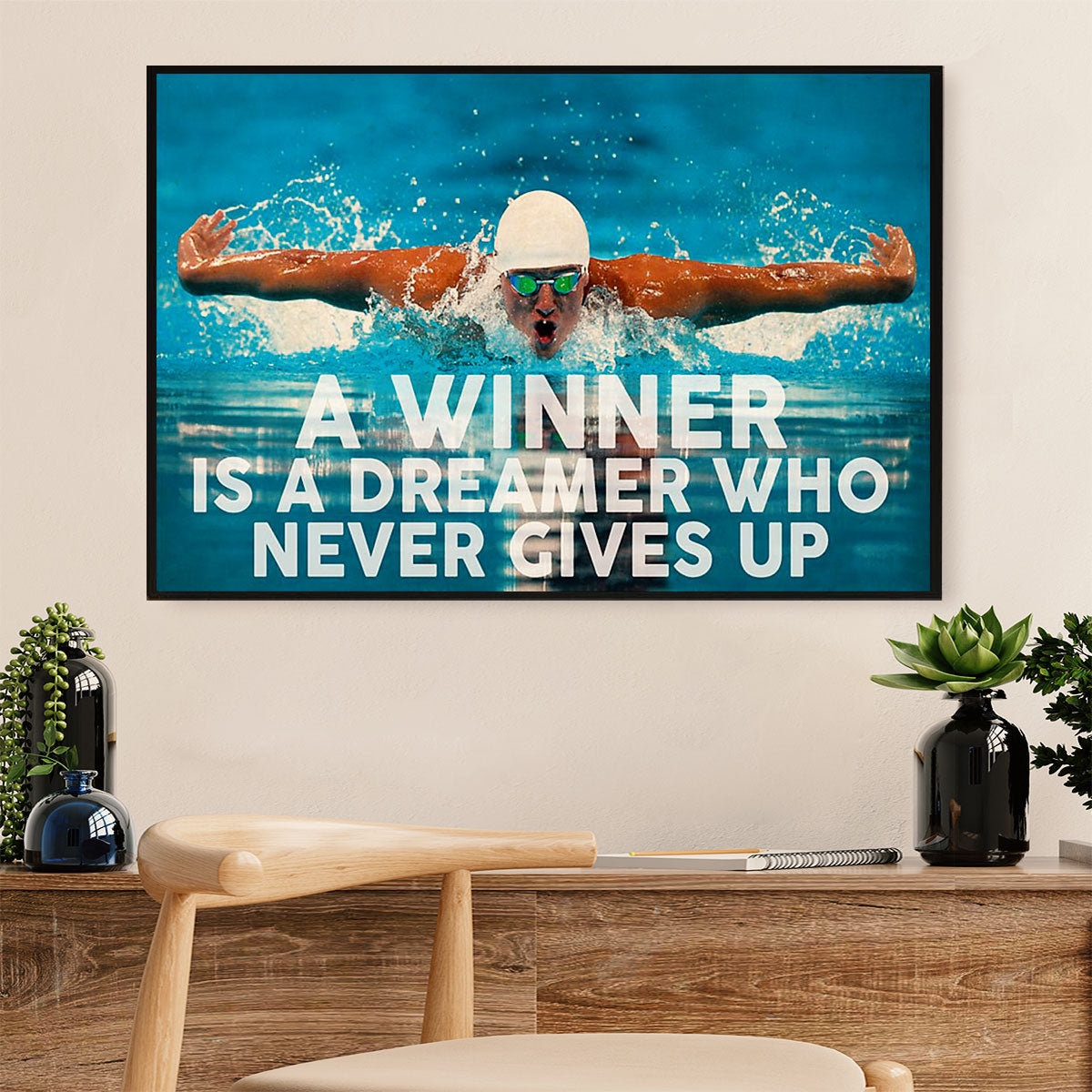 Swimming Poster Room Wall Art | Winner Never Gives Up | Gift for Swimmer