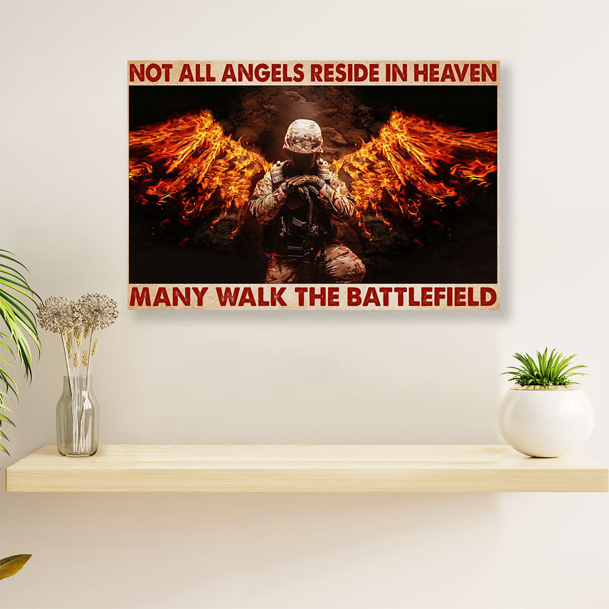 US Army Military Veteran Poster Wall Art | Angels Walk The Battlefield | American Independence Day Gift for Soldiers