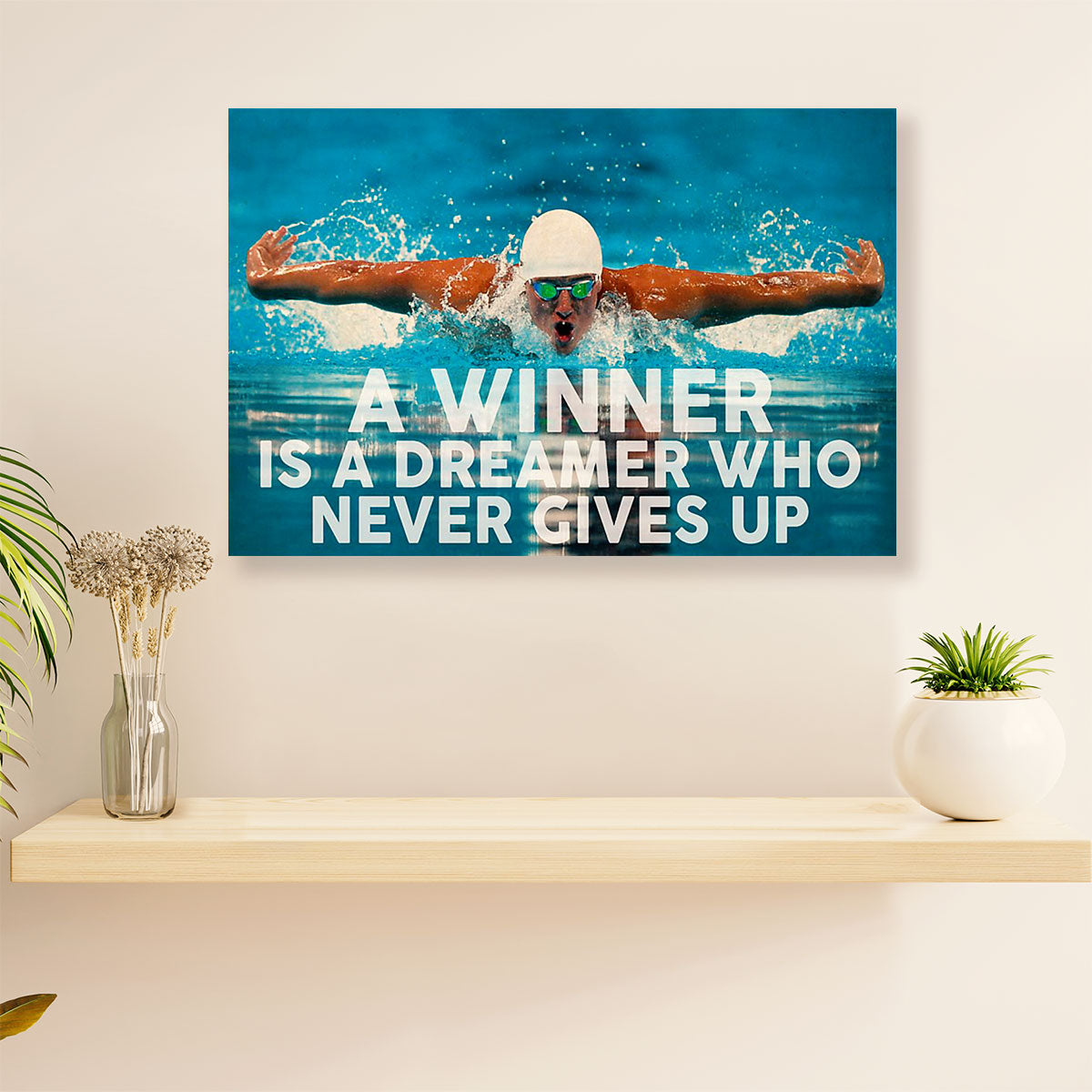 Swimming Poster Room Wall Art | Winner Never Gives Up | Gift for Swimmer