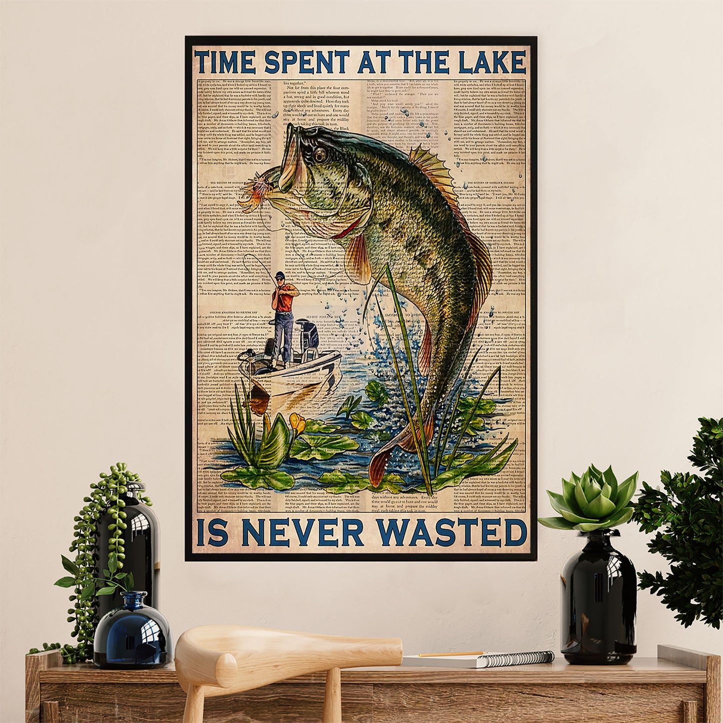 Fishing Poster Room Wall Art Prints | Time Spent At Lake | Vintage Gift for Fisherman