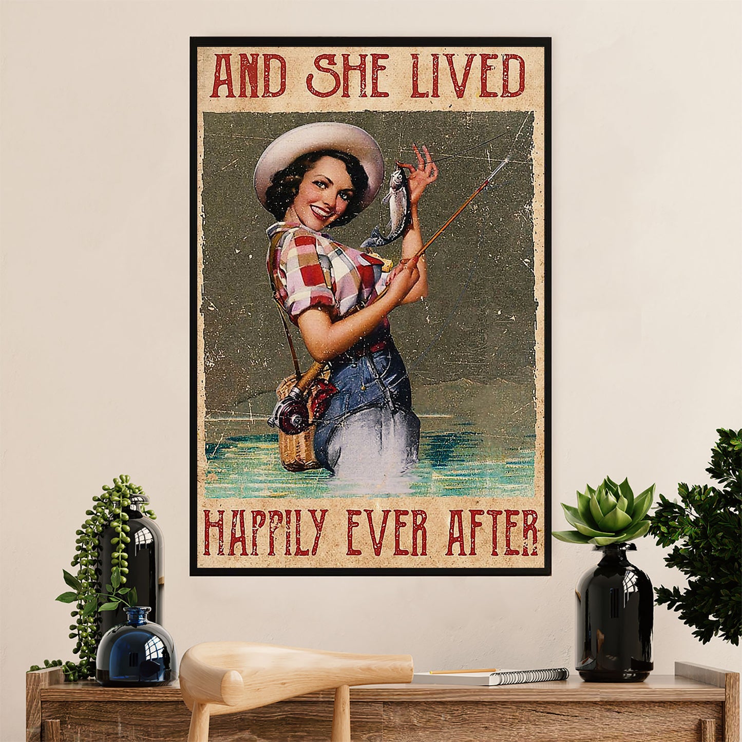 Fishing Poster Room Wall Art Prints | She Lived Happily | Vintage Gift for Fisherman