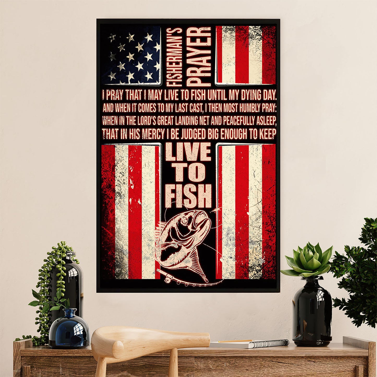 Fishing Poster Room Wall Art Prints | American Flag Fisherman's Prayer | Vintage Gift for Fisherman
