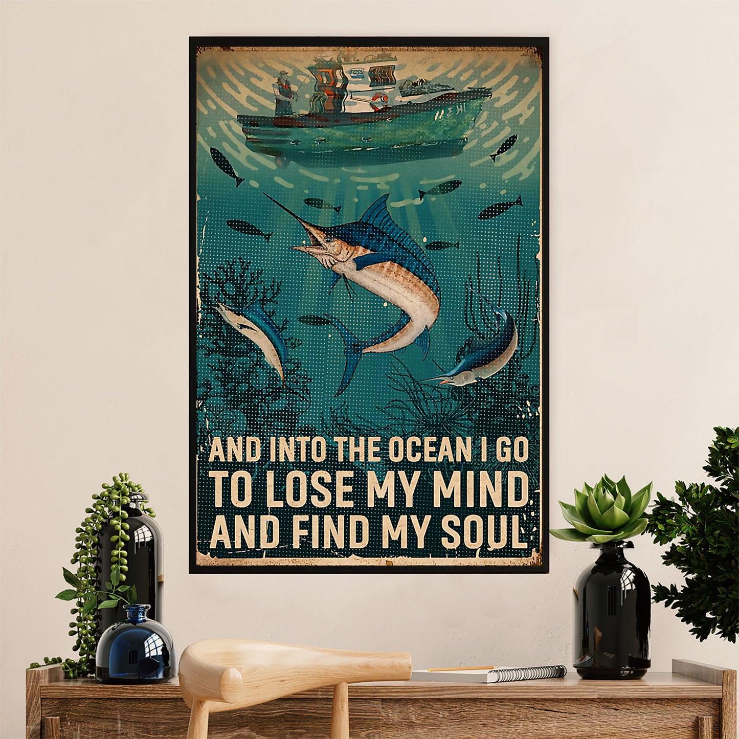 Fishing Poster Room Wall Art Prints | Into the Ocean | Vintage Gift for Fisherman