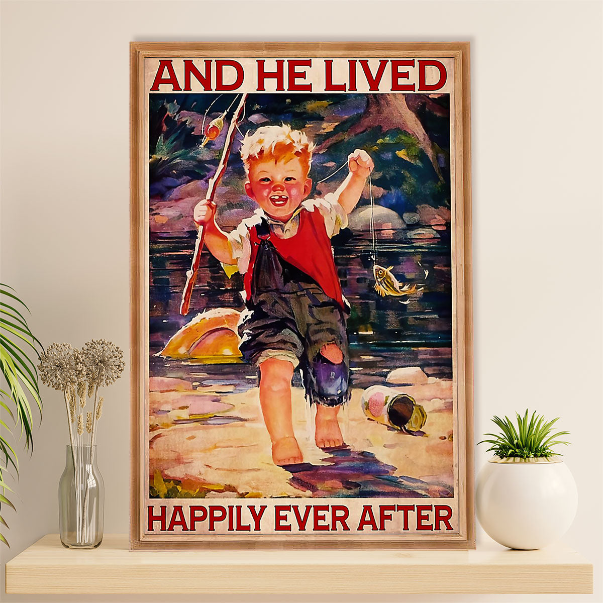 Fishing Poster Room Wall Art Prints | He Lived Happily | Vintage Gift for Fisherman