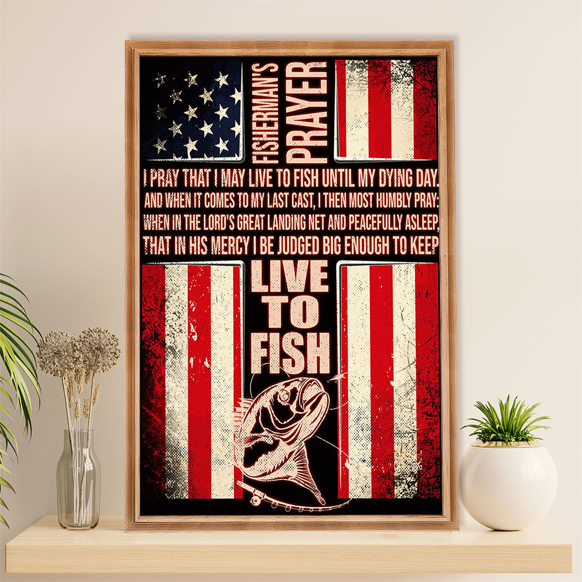 Fishing Poster Room Wall Art Prints | American Flag Fisherman's Prayer | Vintage Gift for Fisherman