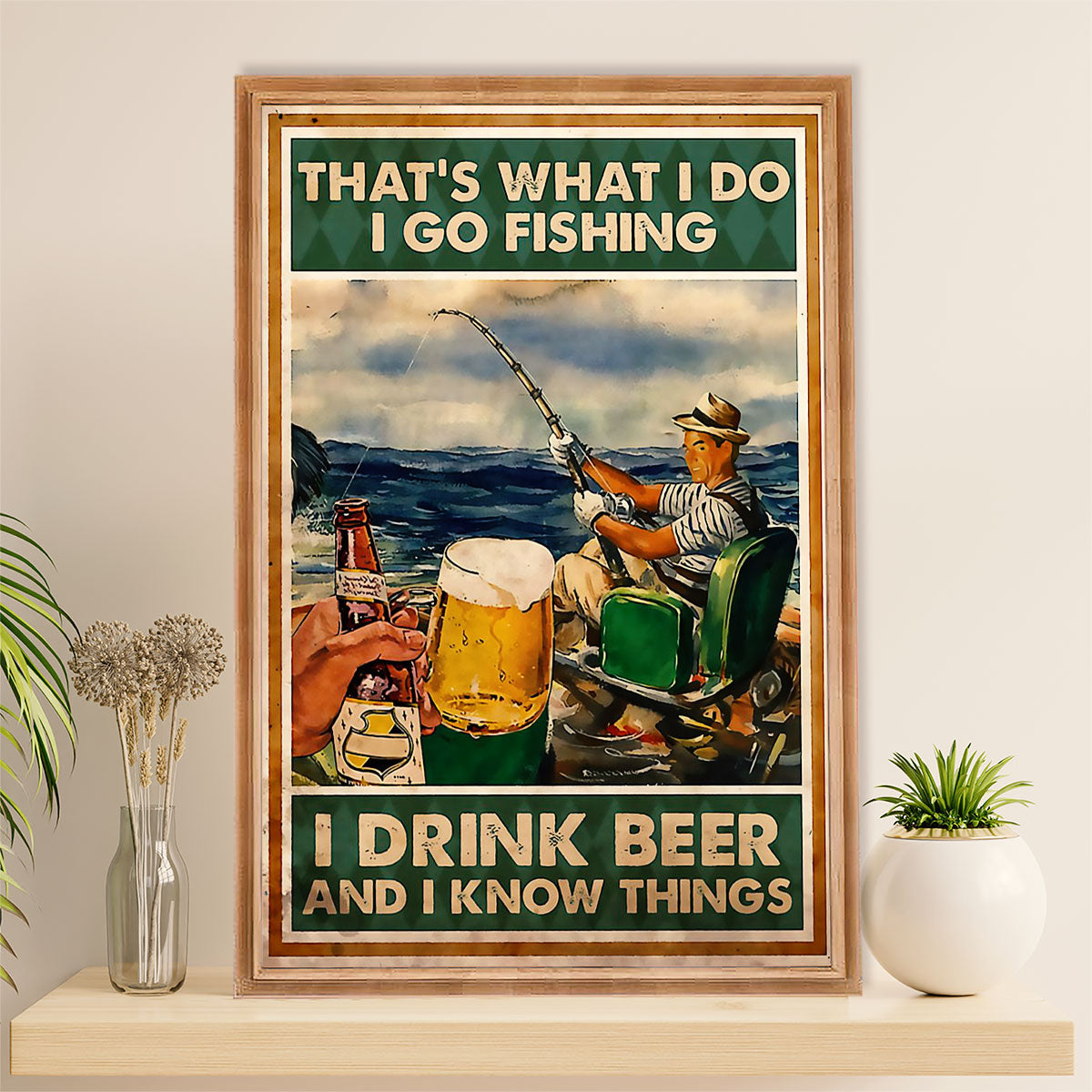 Fishing Poster Room Wall Art Prints | Go Fishing Drink Beer | Vintage Gift for Fisherman