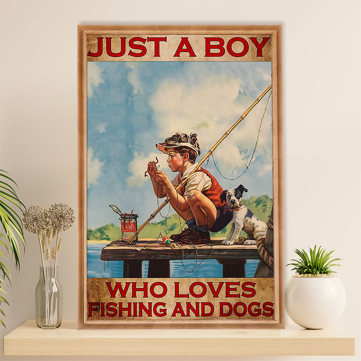 Fishing Poster Room Wall Art Prints | Boy Loves Fishing & Dog | Vintage Gift for Fisherman
